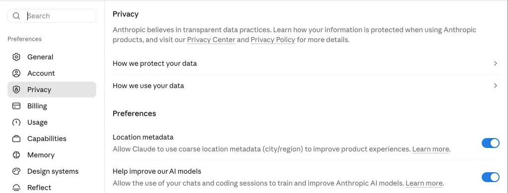 מסך ההגדרות של Claude, בלשונית Privacy, עם המתג Help improve our AI models
