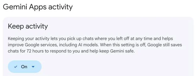דף Gemini Apps activity של Google, עם ההגדרה Keep activity