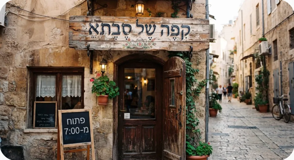 בית קפה בסמטת אבן, ברקע מימין אנשים הולכים ואופניים