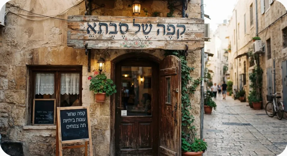 תמונה שיצר Gemini: בית קפה בסמטת אבן, ומעל הדלת שלט עץ שכתוב עליו קפה של סבתא