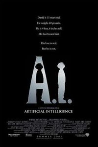 כרזת הסרט A.I. משנת 2001: צלליתו של נער בתוך האות A הלבנה על רקע שחור, מעל הכתובת Artificial Intelligence.