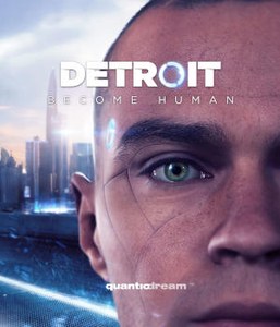 עטיפת המשחק Detroit: Become Human משנת 2018: תקריב פניו של אנדרואיד שמחוון אור כחול דולק ברקתו, על רקע קו הרקיע העתידני של דטרויט.