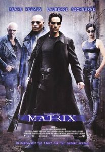 כרזת הסרט המטריקס משנת 1999: ניאו, מורפיאוס, טריניטי וסייפר במעילים שחורים ובמשקפי שמש, על רקע ירקרק בהיר.